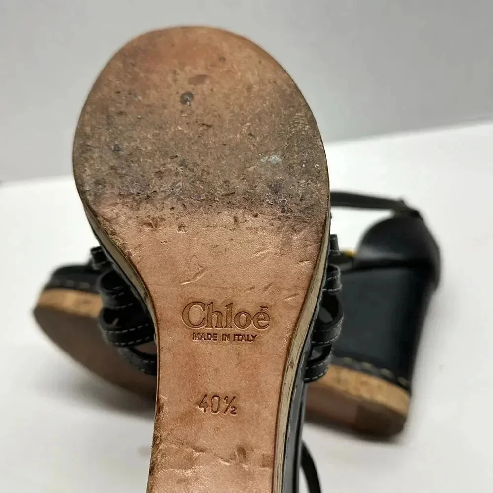 Chloe Marcie Wedges Leather T-Strap Platform High Heel Sandals Black Size 40.5